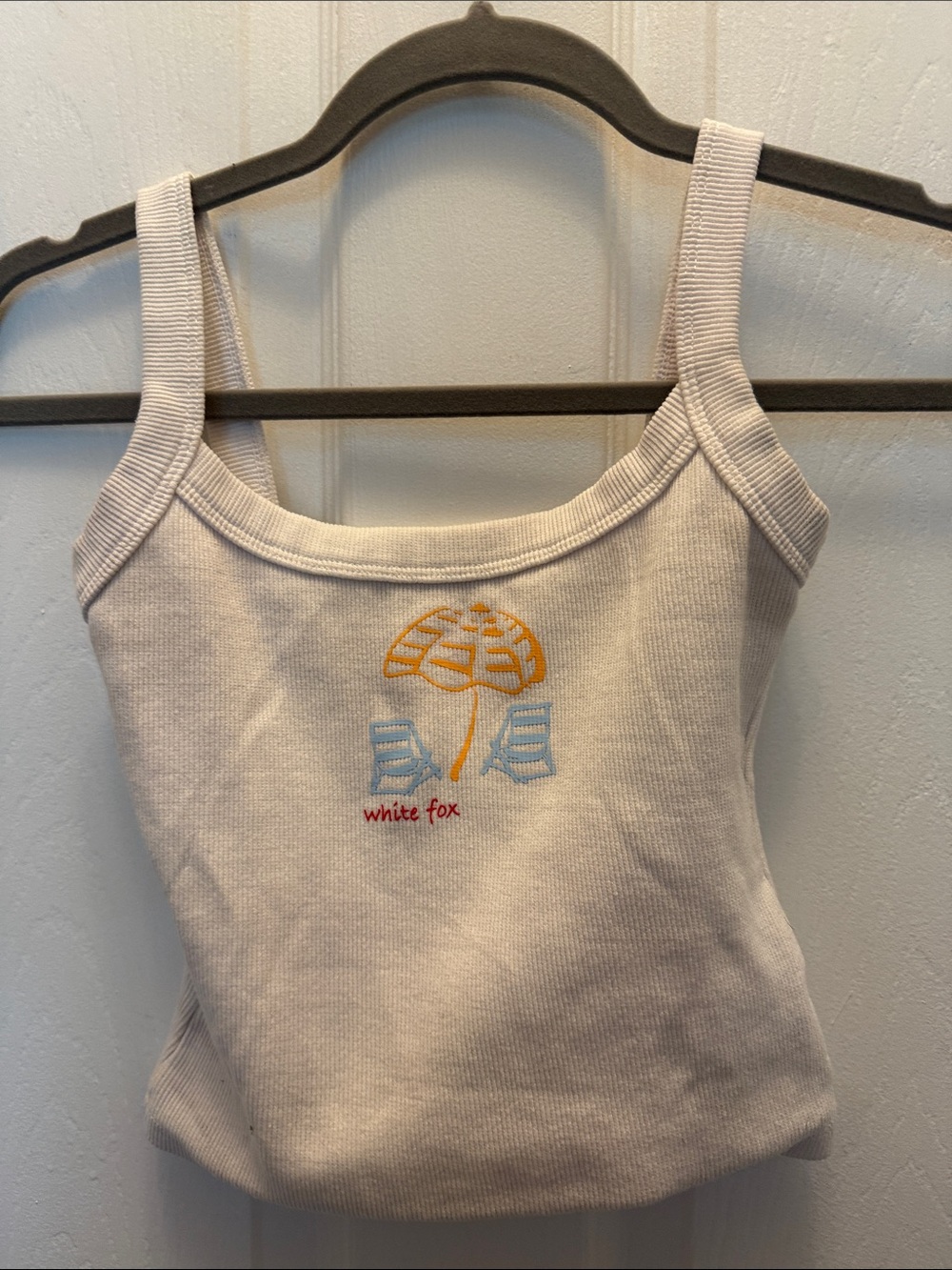 White Fox Boutique Cream Ribbed Crop Tank with Beach Embroidery